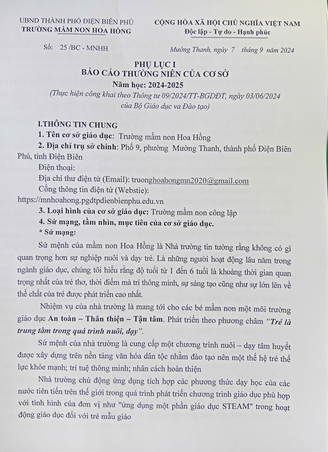 CÔNG KHAI HOẠT ĐỘNG GIÁO DỤC THEO THÔNG TƯ 09/2024 CỦA TRƯỜNG MẦM NON HOA HỒNG - NĂM HỌC 2024 - 2025.